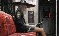 1girl animal bandaged_arm bandaged_leg bandaged_tail bandages black_cat blood booth_seating cat earrings fire_extinguisher from_side guweiz hat highres holding holding_magazine jewelry long_hair looking_down low-tied_long_hair magazine_(object) map original seat sidelocks sitting sliding_doors subway_map thighs train_interior white_hair window witch_hat