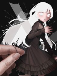 1girl 1other absurdres black_background black_dress dress duct_tape frilled_dress frills highres insect_pin long_hair long_sleeves looking_at_viewer mini_person minigirl original out_of_frame pin pov pov_hands simple_background taxidermy test_norma1 white_eyes white_hair