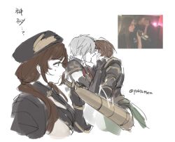 1girl 2boys ahoge armor beret blue_eyes breasts brown_hair cape closed_eyes elbow_gloves expressionless fingerless_gloves girl_drinking_while_guys_make_out_(meme) gloves granblue_fantasy green_cape hair_between_eyes hand_on_another&#039;s_cheek hand_on_another&#039;s_face hat highres kiss large_breasts low_twintails lucifer_(shingeki_no_bahamut) meme messy_hair multiple_boys photo-referenced profile raziel_(granblue_fantasy) sandalphon_(granblue_fantasy) short_hair short_sleeves shoulder_armor signature sketch sweatdrop translation_request turtleneck twintails upper_body white_background white_hair yakikesen yaoi