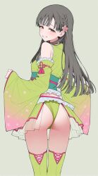 1girl 37bannai ass blush brown_hair detached_sleeves dress floral_print flower frilled_dress frills gradient_clothes hair_flower hair_ornament highres idolmaster idolmaster_cinderella_girls idolmaster_cinderella_girls_starlight_stage japanese_clothes kimono kobayakawa_sae long_hair looking_at_viewer looking_back non-web_source panties pink_trim smile solo thighhighs underwear
