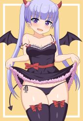 Rule 34 | 1girl, absurdres, bat wings, cameltoe, commission, demon horns, demon tail, highres, horns, lifting own clothes, long hair, new game!, panties, pixiv commission, purple hair, side-tie panties, solo, suzukaze aoba, tail, tankuro uri, underwear, very long hair, wings