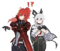 !? 1boy 1girl arm_pouch armband armor black_armband black_armor black_choker black_eyes black_gloves black_horns black_jacket black_pants black_pouch black_tail boke_aho_nara breasts choker closed_mouth coat commentary_request cowboy_shot crossover curled_horns demon_tail diluc_(genshin_impact) diluc_(red_dead_of_night)_(genshin_impact) earrings genshin_impact gloves greatsword grey_vest hair_between_eyes highres holding holding_sword holding_weapon horns jacket jacket_on_shoulders jewelry key_earrings large_breasts long_hair looking_at_viewer multicolored_eyes necktie official_alternate_costume pants ponytail red_coat red_eyes red_hair red_necktie shirt shirt_tucked_in sword tail two-tone_eyes vest weapon white_shirt wuthering_waves zani_(wuthering_waves)
