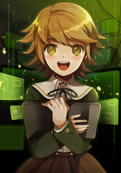10s 1boy :d apple972 blush brown_eyes brown_hair computer crossdressing danganronpa_(series) danganronpa:_trigger_happy_havoc fujisaki_chihiro holographic_monitor inzup laptop looking_at_viewer lowres male_focus monitor open_mouth ribbon skirt smile solo trap