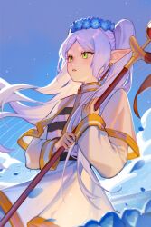 1girl blue_flower capelet earrings elf flower flower_wreath frieren green_eyes grey_hair highres holding holding_staff jewelry long_hair mae_algae musical_staff night night_sky outdoors pointy_ears shirt skirt sky solo sousou_no_frieren staff striped_clothes striped_shirt white_capelet white_skirt
