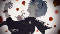 1boy black_choker black_hair black_jacket blurry blurry_foreground chinese_lantern_(plant) choker commentary_request depth_of_field drawstring ear_piercing earrings fuji_fujino grey_hair hair_between_eyes hands_up highres hood hood_down hooded_jacket jacket jewelry linked_piercing looking_at_viewer male_focus multicolored_hair necklace nijisanji official_alternate_costume open_mouth parted_bangs piercing profile ring ring_necklace short_hair sideways_glance solo streaked_hair suzuki_masaru suzuki_masaru_(4th_costume) teeth three-quarter_sleeves translation_request upper_body upper_teeth_only virtual_youtuber watch wristwatch yellow_eyes