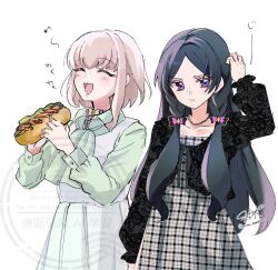 2girls black_dress black_hair blonde_hair blunt_bangs blush bob_cut braid bread chain choker closed_eyes closed_mouth collarbone dress eating food gingham_dress green_dress hair_ornament hair_ribbon hair_tie hands_on_own_head highres holding holding_food hot_dog jewelry ketchup kimi_to_idol_precure lace lace-trimmed_dress lace-trimmed_jacket lace-trimmed_sleeves lace_trim lettuce long_dress long_hair long_skirt long_sleeves low_twin_braids medium_hair meroron_(human_form) multiple_girls musical_note mustard necklace open_mouth parted_bangs precure purirun_(human_form) purple_eyes ribbon ribbon_choker sauce sausage scratching_head shirt signature skirt smile spoken_musical_note standing tied_shirt twin_braids twitter_username upper_body very_long_hair watermark white_choker yumi_san0112