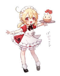 1girl :d absurdres ahoge alternate_costume apron black_bow black_bowtie black_footwear blonde_hair blush bow bowtie clover_print dress flower flower_on_head frilled_dress frills genshin_impact highres hiwokawa holding holding_tray jumpy_dumpty klee_(genshin_impact) looking_at_viewer low_twintails maid maid_apron maid_headdress mary_janes medium_hair open_mouth pointy_ears puffy_short_sleeves puffy_sleeves red_dress red_eyes shoes short_sleeves sidelocks smile socks translated tray twintails waist_bow white_apron white_bow white_socks wrist_cuffs