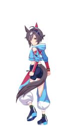 Rule 34 | 1girl, ahoge, animal ears, bare shoulders, believe (umamusume), black shirt, black shorts, blue jacket, blue pants, blue shoes, brown hair, clenched hands, closed mouth, clothing cutout, detached sleeves, ear covers, from behind, full body, game cg, game model, hair ornament, hair over one eye, highres, hood, horse ears, horse girl, horse tail, horseshoe, horseshoe ornament, jacket, long sleeves, looking back, midriff, multicolored hair, official art, pants, red eyes, shirt, shoes, short hair, shorts, shoulder cutout, signature, simple background, socks, solo, standing, standing on one leg, tail, thighs, transparent background, umamusume, white background, wristband, zipper