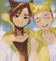 2boys :&lt; aged_down animal_ears apex_legends black_hair black_shirt blurry blurry_background brown_eyes brown_hair cat_ears closed_eyes closed_mouth collarbone commentary_request crew_neck crypto_(apex_legends) dot_nose ear_piercing earrings facial_mark green_hair green_jacket highres hood hood_down hooded_jacket jacket jewelry kemonomimi_mode light_particles looking_at_viewer male_focus multicolored_jacket multiple_boys octane_(apex_legends) open_clothes open_jacket open_mouth parted_bangs piercing shirt side-by-side sleeveless sleeveless_jacket stud_earrings teeth tongue upper_body upper_teeth_only uwakawau white_shirt