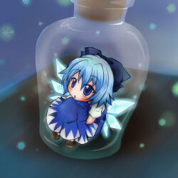 1girl blue_bow blue_dress blue_eyes blue_hair blush bottle bow cirno commentary_request cork corked_bottle dress full_body hair_bow ice ice_wings in_bottle in_container kamui_setsuna looking_at_viewer mini_person minigirl nintendo open_mouth short_hair solo the_legend_of_zelda touhou wings