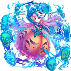 1girl ahoge aqua_shirt blue_fire boots bow bowtie bright_pupils bubble_skirt closed_mouth collared_shirt expressionless fire folding_fan footwear_bow full_body game_cg green_bow hand_fan hata_no_kokoro highres holding holding_fan long_hair long_skirt long_sleeves looking_at_viewer mask noh_mask official_art orange_skirt pink_eyes pink_hair plaid_clothes plaid_shirt purple_bow purple_bowtie red_bow rotte_(1109) shirt skirt skirt_cutout solo third-party_source touhou touhou_lostword transparent_background very_long_hair white_boots white_pupils wide_sleeves