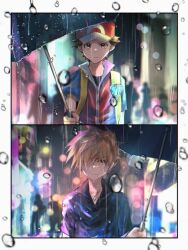 2boys absurdres blue_oak blurry border brown_hair closed_mouth collared_shirt hat highres holding holding_umbrella male_focus multiple_boys nintendo pokemon pokemon_frlg rain red_(pokemon) red_hat red_vest shirt shiruko_(s1ruko) short_hair short_sleeves umbrella vest vs_seeker water_drop white_border
