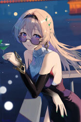 1girl absurdres against_railing aquilar black_dress black_hairband black_sleeves blue_pupils commentary_request cup detached_sleeves diamond-shaped_earrings diamond_earrings dress earrings eyewear_on_head firefly_(honkai:_star_rail) firefly_(on_the_journey)_(honkai:_star_rail) gradient_eyes grey_hair hair_between_eyes hair_intakes hair_ornament hairband highres holding holding_cup honkai:_star_rail honkai_(series) jewelry long_sleeves multicolored_eyes nail_polish official_alternate_costume open_mouth purple-tinted_eyewear railing red_lips semi-rimless_eyewear shirt sleeveless sleeveless_turtleneck smile solo teeth tinted_eyewear turtleneck turtleneck_dress turtleneck_shirt two-tone_eyes water