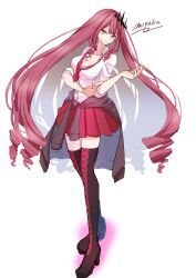 1girl baobhan_sith_(fate) boots breasts clothes_around_waist fate/grand_order fate_(series) full_body hair_ornament hand_up high_heel_boots high_heels highres jacket jacket_around_waist long_hair looking_at_viewer miyaka_(58305841) necktie pink_hair pointy_ears red_necktie red_skirt school_uniform shirt sidelocks skirt solo thigh_boots white_background white_shirt