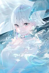 1girl bare_shoulders blurry blurry_foreground blush commentary_request depth_of_field grey_eyes hair_between_eyes highres in_water looking_at_viewer messy_bangs miwano_rag original ripples solo water wet wet_hair white_hair