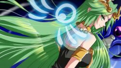 1girl alternate_color anru_(a-alsace-a) bad_id bad_twitter_id breasts chain circlet dutch_angle from_behind gold_chain green_eyes green_hair kid_icarus kid_icarus_uprising long_hair looking_at_viewer looking_back nintendo palutena solo super_smash_bros. very_long_hair