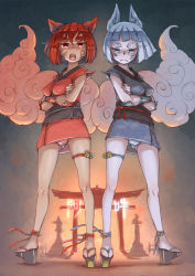 2girls animal_ears anklet bad_id bad_pixiv_id bell blue_eyes blue_hair blue_oni breasts claws covered_erect_nipples crossed_arms facial_mark japanese_clothes jewelry kimono komainu medium_breasts multiple_girls nucomas obi oni open_mouth original panties pink_panties platform_footwear red_eyes red_hair red_oni sandals sash short_hair short_kimono sleeveless sleeveless_kimono symmetry tail thick_eyebrows thigh_strap torii underwear upskirt white_panties