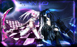 Rule 34 | 2girls, absurdres, arm cannon, belt, bikini, black coat, black rock shooter, black rock shooter (character), black rock shooter (game), black shorts, black vs white, blue eyes, boots, chain, checkered floor, coat, flaming eye, glowing, glowing eye, highres, long hair, multiple girls, no shirt, open clothes, open coat, pale skin, pink eyes, rock cannon, scar, scythe, shorts, stella (black rock shooter), swimsuit, tokyo (1421), twintails, uneven twintails, weapon, white bikini, white hair, white rock shooter, white shorts