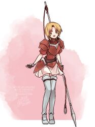 1girl amelia_(fire_emblem) armor blonde_hair breastplate fire_emblem fire_emblem:_the_sacred_stones green_eyes highres hip_armor holding holding_polearm holding_weapon nintendo polearm red_armor sayu030b shoulder_armor weapon