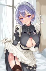 1girl absurdres apron arm_between_breasts azur_lane bellona_(armed_to_clean)_(azur_lane) bellona_(azur_lane) between_breasts blue_eyes blue_hair breasts chest_belt cleavage clothes_lift clothing_cutout gloves highres holding_apron iwato_(celler) juliet_sleeves lifting_own_clothes long_sleeves looking_at_viewer maid maid_apron maid_headdress official_alternate_costume puffy_sleeves short_hair skirt skirt_lift smile underboob underboob_cutout white_apron white_gloves