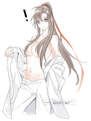 ! 1girl ahoge alternate_costume breasts brown_hair chinese_clothes closed_mouth collarbone cowboy_shot eyelashes genderswap genderswap_(mtf) grey_eyes hair_between_eyes hair_censor hair_over_breasts hair_ribbon hanfu highres large_breasts long_hair long_sleeves looking_at_viewer modao_zushi navel open_clothes open_robe pants ponytail red_ribbon ribbon robe sidelocks simple_background solo standing topless_female twitter_username undressing very_long_hair watermark wei_wuxian white_background white_pants white_robe ykmr_(haga)