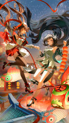 2girls absurdres aerial_fireworks aqua_sleeves architecture bird_hair_ornament black_hair blue_eyes bracelet brown_hair brown_scarf chinese_clothes commentary_request dress east_asian_architecture eyewear_on_head fireworks fish_ornament flower-shaped_pupils genshin_impact gradient_eyes green_dress guaisanmu hair_lift hair_ornament hair_rings hat high_heels highres holding_hands hu_tao_(cherries_snow-laden)_(genshin_impact) hu_tao_(genshin_impact) jumping lan_yan_(genshin_impact) lantern long_hair looking_at_viewer metal_hairband multicolored_eyes multiple_girls official_alternate_costume open_mouth outdoors paper_lantern red-tinted_eyewear red_nails red_skirt rooftop round_eyewear scarf silver_bracelet silver_hairband skirt sky sunglasses symbol-shaped_pupils thighhighs tinted_eyewear very_long_hair white_hat
