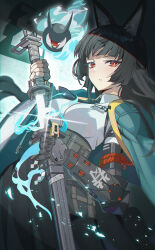 Rule 34 | 1girl, absurdres, animal ear fluff, animal ears, aqua jacket, arm out of sleeve, black hair, black skirt, blunt bangs, breasts, commentary, dress shirt, fingerless gloves, fox ears, fox girl, gloves, green jacket, high-waist skirt, highres, holding, holding sheath, holding weapon, hoshimi miyabi, jacket, katana, long hair, looking at viewer, mishiro (ixtlolton), red eyes, sheath, shirt, single fingerless glove, skirt, solo, sword, unsheathing, weapon, white shirt, zenless zone zero