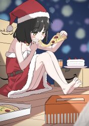 1girl absurdres bare_shoulders barefoot black_hair blush_stickers box breasts brown_eyes cake cardboard_box christmas dress drink eating food full_body fur-trimmed_dress fur-trimmed_headwear fur_trim hat highres holding holding_food holding_pizza original pizza pizza_slice red_dress red_hat santa_costume santa_dress santa_hat short_hair sitting sketch small_breasts solo strapless strapless_dress what_a what_a-chan