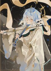 1boy absurdres anar_9158 colored_eyelashes commentary expressionless hair_between_eyes halo halo_behind_head head_tilt head_wings highres honkai:_star_rail honkai_(series) instrument looking_down male_focus medium_hair music nail_polish piercing playing_instrument robe solo spiked_halo sunday_(honkai:_star_rail) violin white_eyelashes white_hair white_robe wing_piercing wings yellow_eyes