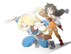 1boy 1girl aqua_eyes ascot bare_shoulders black_choker blonde_hair blue_pants blue_vest blue_wrist_cuffs bodysuit boots breasts brown_eyes brown_hair choker cropped_vest crystal dede_(qwea_00000) fighting_stance final_fantasy final_fantasy_ix full_body furrowed_brow garnet_til_alexandros_xvii gloves grey_boots grey_gloves grin holding holding_staff holding_weapon jewelry long_hair long_sleeves low-tied_long_hair low_ponytail medium_breasts monkey_tail open_mouth orange_bodysuit pants pendant ponytail puffy_long_sleeves puffy_sleeves red_boots red_gloves shirt smile staff tail teeth thigh_strap vest weapon white_ascot white_background white_shirt wrist_cuffs zidane_tribal