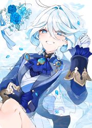 1girl ascot asymmetrical_gloves blue_ascot blue_gemstone blue_jacket drop-shaped_pupils eyelash_ornament flower furina_(genshin_impact) gem genshin_impact gloves heterochromia highres jacket lying mismatched_gloves mismatched_pupils multicolored_hair shinoo0915 solo streaked_hair symbol-shaped_pupils