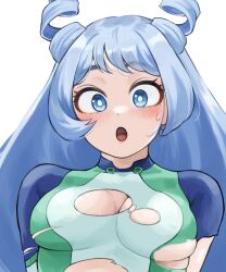 1girl blue_bodysuit blue_eyes blue_hair bodysuit boku_no_hero_academia breasts drill_hair fengling_(furin-jp) green_bodysuit hado_nejire highres long_hair medium_breasts multicolored_bodysuit open_mouth solo superhero_costume sweatdrop torn_bodysuit torn_clothes twin_drills