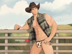 1boy abs absurdres against_railing animal_print bara bare_pectorals bird black_hair blue_sky bulge cow_print cowboy cowboy_hat cowboy_shot cowboy_western day facial_hair fence forked_eyebrows goatee_stubble hand_on_own_hip hat highres hill katto8452 looking_to_the_side male_focus male_underwear mature_male muscular muscular_male navel_hair nipples open_clothes open_shirt original outdoors parted_lips patreon_logo patreon_username pectorals plaid_clothes plaid_shirt precum precum_through_clothes railing shirt short_hair sky sleeveless sleeveless_shirt solo stubble underwear western wooden_fence