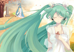 1boy 1girl autumn_leaves blue_hair blue_scarf cheshuilishang closed_eyes facing_viewer grave green_hair hair_ribbon hatsune_miku headphones jewelry kaito_(vocaloid) leaf long_hair necklace ribbon scarf spring_onion tombstone twintails very_long_hair vocaloid