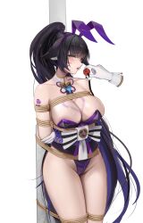 1girl absurdres animal_ears arms_behind_back awaji azur_lane ball_gag barcode barcode_tattoo black_hair blue_hair blush bound bound_arms bound_legs breast_bondage breasts cleavage colored_inner_hair commentary detached_collar disembodied_hand english_commentary facial_mark fake_animal_ears floppy_ears fox_ears fox_girl gag gloves high_ponytail highleg highleg_leotard highres holding_gag large_breasts leotard long_hair looking_at_viewer multicolored_hair musashi_(azur_lane) musashi_(the_purple_rabbit&#039;s_marksmanship)_(azur_lane) official_alternate_costume official_alternate_hairstyle playboy_bunny ponytail purple_leotard purple_trim rabbit_ears restrained shibari shibari_over_clothes shoulder_tattoo simple_background solo standing strapless strapless_leotard tattoo tongue tongue_out very_long_hair whisker_markings white_background white_gloves wiffle_gag yellow_eyes