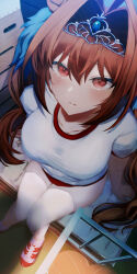 Rule 34 | 1girl, absurdres, animal ears, ball, basketball (object), blush, breasts, brown eyes, brown hair, buruma, closed mouth, collarbone, commentary, daiwa scarlet (umamusume), eyes visible through hair, floor, from above, gym shirt, gym storeroom, gym uniform, hair intakes, hair ornament, highres, horse ears, horse girl, indoors, knees together feet apart, large breasts, long hair, looking at viewer, mat, ponnu (nikeytina), red buruma, red eyes, shirt, shoes, short sleeves, sitting, sneakers, solo, tearing up, tears, thighs, tiara, tracen training uniform, twintails, umamusume, underwear, vaulting horse, very long hair, white shirt