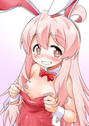 1girl ahoge akou_roushi animal_ear_hairband animal_ears bandaid bandaids_on_nipples bare_shoulders blush bow bowtie breasts brown_eyes commentary_request detached_collar dot_nose fake_animal_ears female_focus genderswap genderswap_(mtf) gradient_background grin leotard leotard_pull loli long_hair looking_at_viewer onii-chan_wa_oshimai! oyama_mahiro pasties pink_background pink_hair playboy_bunny pulling_own_clothes rabbit_ear_hairband rabbit_ears red_bow red_bowtie red_leotard small_breasts smile solo strapless strapless_leotard teeth wrist_cuffs