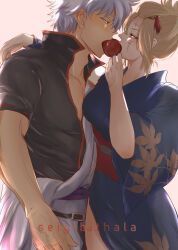 1boy 1girl absurdres apple black_shirt blonde_hair blue_kimono breasts collarbone commentary commentary_request couple eye_contact feeding food from_side fruit gintama hadanugi_dousa hair_ornament half-closed_eyes hetero high_collar highres japanese_clothes kimono long_sleeves looking_at_another open_clothes open_kimono open_shirt profile red_eyes red_sash sakata_gintoki sash scar scar_on_face seigibathala shared_food shirt short_hair short_sleeves tsukuyo_(gintama) white_kimono