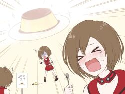 &gt;_&lt; 1girl ^^^ boots brown_hair closed_eyes crop_top crying detached_collar dropped_food emphasis_lines english_text food hariikei holding holding_plate holding_spoon meiko_(vocaloid) multiple_views open_mouth plate pudding shaded_face shirt short_hair shouting sign skirt sleeveless sleeveless_shirt spoon tears trembling vocaloid wrist_cuffs