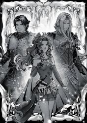 1girl 2boys aerith_gainsborough aerith_gainsborough_(terra&#039;s_garb) angeal_hewley angeal_hewley_(cyan&#039;s_attire) armor beard cape cosplay cowboy_shot cyan_garamonde cyan_garamonde_(cosplay) dagger dated detached_sleeves dress edgar_roni_figaro edgar_roni_figaro_(cosplay) facial_hair final_fantasy final_fantasy_vii final_fantasy_vii_ever_crisis greyscale hair_bobbles hair_ornament hair_ribbon hand_on_own_chest highres kay-i knife long_bangs long_hair monochrome multiple_boys official_alternate_costume parted_bangs parted_lips polka_dot_pantyhose ponytail ribbon sash sephiroth sephiroth_(edgar&#039;s_attire) sheath short_hair shoulder_armor sparkle strapless strapless_dress terra_branford_(cosplay) tina_branford tube_dress twitter_username waist_sash wavy_hair weapon