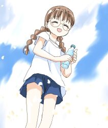 1girl :d blue_sky bottle braid brown_hair closed_eyes day facing_viewer glasses holding holding_bottle long_hair oda_shuuki open_mouth original shirt shorts sky smile solo striped_clothes striped_shirt twin_braids white_shirt