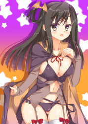 1girl :d bat_hair_ornament black_cape black_dress black_hair black_panties blunt_ends blush bow bow_legwear breasts cameltoe cape cape_hold cleavage commentary_request cowboy_shot detached_sleeves dress drop_shadow floating_hair fuyukichi_(nikoniko1567) garter_straps gluteal_fold gradient_background hair_between_eyes hair_ornament hair_rings halloween halloween_costume hand_up highres large_breasts looking_at_viewer navel neck_ribbon official_alternate_costume official_alternate_hairstyle open_mouth orange_background orange_cape panties purple_background red_bow red_ribbon ribbon sanoba_witch side-tie_panties simple_background single_hair_ring sleeveless sleeveless_dress sleeves_past_wrists smile solo spaghetti_strap star_(symbol) straight_hair thigh_gap thighhighs togakushi_touko two-sided_cape two-sided_fabric underwear white_thighhighs yellow_eyes