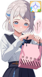 Rule 34 | 1girl, absurdres, bag, blue eyes, blue ribbon, blush, braid, commentary request, crouching start, from below, gakuen idolmaster, gameplay mechanics, grey hair, hair ribbon, half up braid, hatsuboshi gakuen school uniform, highres, holding, holding bag, idolmaster, katsuragi lilja, looking down, neck ribbon, ribbon, ribbon braid, school uniform, shirt, short hair, simple background, solo, speech bubble, thought bubble, translation request, upper body, white background, white shirt