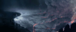 barraki_(bionicle) bionicle commentary english_commentary highres kalmah_(bionicle) lava looking_up no_humans scenery smoke solo standing tentacles the_lego_group underwater zach_rabon