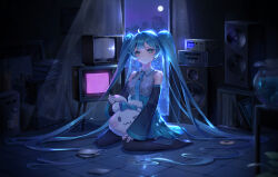 Rule 34 | 1girl, :|, arua, backlighting, black thighhighs, blue hair, blush, cd, cd case, cinnamoroll, city, closed mouth, collared dress, commentary, crt, curtains, detached sleeves, dress, expressionless, fuwa fuwa cinnamoroll, green eyes, hatsune miku, highres, holding, holding stuffed toy, indoors, long hair, long sleeves, moon, moonlight, necktie, night, no shoes, on floor, pleated dress, rabbit ears antenna, radio, record jacket, sanrio, sitting, sleeveless, sleeveless dress, sleeves past wrists, solo, speaker, static, stuffed toy, television, thighhighs, tie clip, tile floor, tiles, twintails, vase, very long hair, vocaloid, wariza, window
