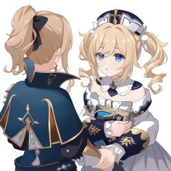 2girls :o barbara_(genshin_impact) bare_shoulders black_bow blonde_hair blue_eyes blue_hat blue_jacket book bow commentary_request cross cross_earrings dress earrings genshin_impact hair_bow hat highres holding holding_another&#039;s_arm holding_book jacket jean_(genshin_impact) jewelry looking_at_another medium_hair mon-chan multiple_girls off-shoulder_dress off_shoulder open_mouth ponytail siblings sidelocks simple_background sisters twintails upper_body white_background white_dress