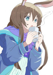 Rule 34 | 1girl, amiya (arknights), animal ears, aqua eyes, arknights, blowing, blue jacket, brown hair, commentary, cup, drink, hair between eyes, highres, higurashi-pc (higurashi2024), holding, holding drink, jacket, long hair, long sleeves, mug, open clothes, open jacket, open mouth, simple background, solo, steam, white background