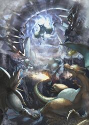 building charizard city cloud cloudy_sky commentary_request crack cracked_floor darkrai debris ditto facing_another fire fog from_below gen_1_pokemon gen_4_pokemon gen_7_pokemon giratina giratina_(origin) glowing glowing_eyes highres legendary_pokemon looking_at_another mechacoquelico mewtwo mythical_pokemon nintendo no_humans oricorio oricorio_(pom-pom) outdoors pikachu pokemon pokemon_(creature) pokemon_focus pokemon_tcg pokemon_tcg_pocket road shaded_face sky skyscraper snorlax solgaleo sunlight transformed_ditto tree