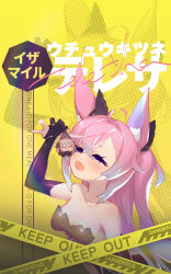 1boy 1girl :d animal_ear_fluff animal_ears bad_source bibiko_(shippitsu) black_gloves breasts brown_hair character_name chibi cleavage english_text fang fingerless_gloves fox_ears fox_girl from_side gloves gradient_hair hair_between_eyes hair_ornament half-closed_eyes highres indie_virtual_youtuber long_bangs long_hair looking_at_another multicolored_hair official_art open_mouth pink_hair purple_eyes sidelocks smile teletha_(vtuber) upper_body virtual_youtuber yellow_background