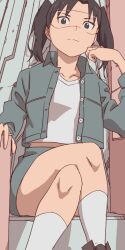 1girl amasawa_yuuko aonori_misuji black_eyes black_hair closed_mouth crossed_legs dennou_coil glasses jacket looking_at_viewer midriff pencil_skirt short_hair skirt solo twintails